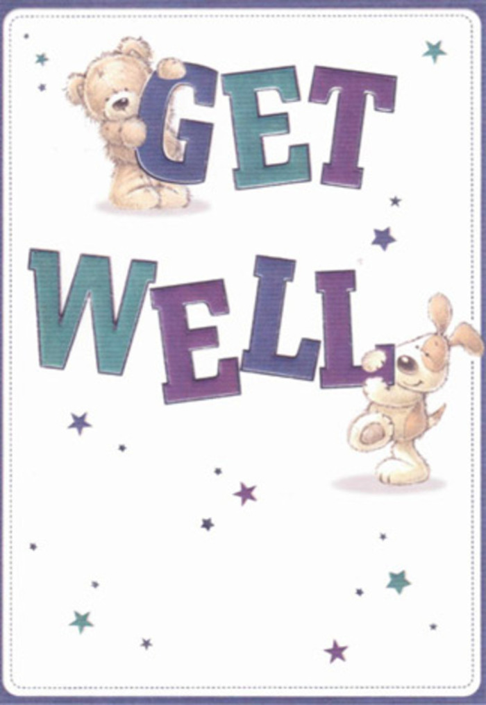 This joyful get well card radiates gentle encouragement through its heartwarming depiction of a teddy bear and a floppy-eared puppy, artfully illustrated as steadfast friends. Playful stars, shaded in tones of purple and aqua, dance merrily around them, carrying with them wishes for health and happiness-to a bedside in Tottenham Hale or a cherished neighbour along Ferry Lane. The typography is big, bold, and friendly; the purples and teals of 'Get Well' lend the design a delightful sense of optimism and grounded comfort. Each texture is rendered with loving care-the bear's soft fur and the puppy's plush ears invite a sense of touch, recalling the fullness and tactility of a hand-tied bouquet made fresh that morning by Tottenham Hale Florist. The atmosphere is effervescent, suffused with light and warmth, as if the very air within the card is laced with hope. The composition, perfectly balanced on a crisp white field, feels like a breath of fresh spring air flowing in from the River Lea. Sending this card alongside a bouquet would make an uplifting and thoughtful gesture-a fusion of artistic cheer and genuine neighbourhood support, meant to encircle the recipient in comfort and kindness through every challenging moment.