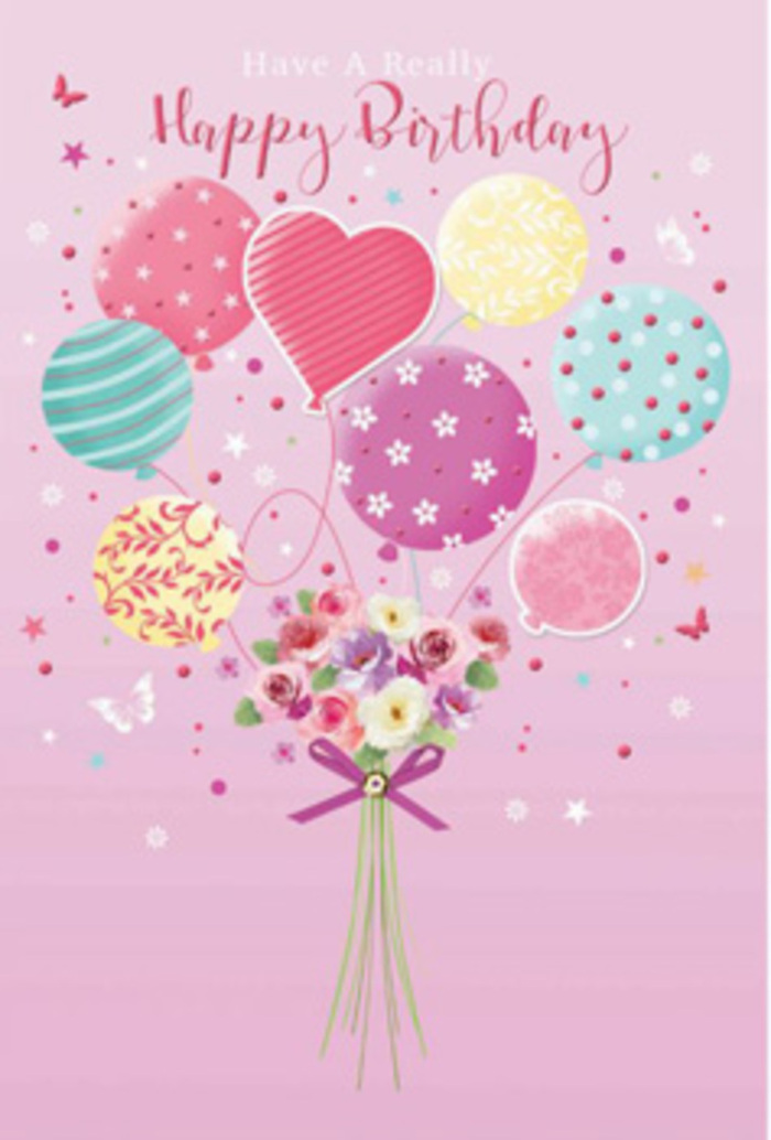 Whimsical birthday card illustration that pairs floating pastel balloons with a delicate floral bouquet, evoking the gentle, celebratory atmosphere of a Tottenham Hale birthday gathering. The scene is set against a soft pink backdrop, a colour that suggests early morning blush over the canals and walkways near Tottenham Hale station. Rising from the bottom, a cluster of balloons in muted yet cheerful tones-powder pink, seafoam green, lemon yellow, lavender, and pale aqua-seems to lift the bouquet into the air. Each balloon carries its own charming pattern: some are banded with ribbons of colour that curve and twist, others are sprinkled with playful polka dots or dainty floral motifs, and a central heart-shaped balloon adds a touch of heartfelt emotion. Below, the hand-tied bouquet looks freshly arranged, with petite roses and softly rounded, daisy-like blossoms nestled together. Their petals transition from creamy white to blush and gentle rose, giving a velvety, layered texture that feels almost touchable. Shades of mauve and pastel peach echo the tones of the balloons above, tying the composition together harmoniously. The stems are gathered and secured with a shimmering purple bow, its satin tails curling slightly as if stirred by an invisible breeze that also scatters tiny stars and butterflies across the design. The lighting is soft and diffused, as though streaming through a window of a home not far from Tottenham Marshes, highlighting the dreamy colours and adding a sense of cosy intimacy. This artwork captures a feeling of quiet jubilation and thoughtful care, like a hand-delivered birthday surprise from a florist who understands how to make someone feel truly cherished.