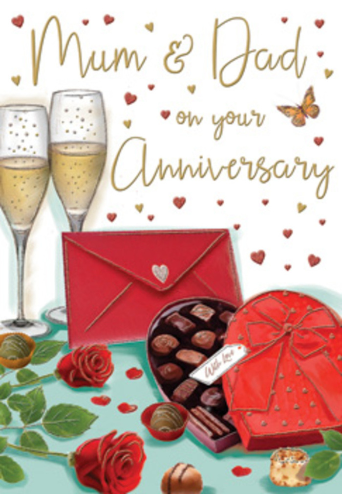 The scene on this anniversary card is composed like a romantic still life, echoing the kind of intimate celebration you might enjoy after a leisurely stroll through Tottenham Hale and along the water. Dominating the upper half of the design are two champagne flutes, tall and refined, their clear glass catching highlights that turn the pale drink inside into a cascade of golden bubbles. The glasses stand close together, almost touching, as though they have shared every toast, every milestone, every gentle clink over the years. In front of them, a heart-shaped box of chocolates in a deep, luxurious red sits partly open. A wide scarlet ribbon, tied into a generous bow, spills gracefully over the lid, the satin fabric rendered with soft shadows that suggest a smooth, silky texture. Within the box, neatly arranged chocolates invite indulgence and sharing. On the table, just below, two exquisite red roses stretch out, their heads turned slightly towards one another. Their petals are densely layered and velvety, almost as if they have just been cut and carefully laid down by a florist who understands how to showcase romance in bloom. The surrounding leaves add a fresh kiss of green, balancing the rich red palette. Around the card's inscription to "Mum & Dad," tiny golden and crimson hearts drift, giving a feeling of lightness and joyful celebration. A red envelope, sealed with a sweet little heart, rests nearby, suggesting a hand-written note full of gratitude and love. The overall composition feels warm, luxurious, and personal, much like bringing home a bouquet and chocolates from a trusted local flower shop to mark an anniversary evening tucked away from the bustle of Tottenham Hale station.