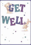 Cheer and gentle optimism leap from this get well card, where two endearing figures-a plush teddy bear and a lively puppy-bring the spirit of companionship and hope alive. The bear joyfully holds the top of the vibrant, shadowed 'GET,' while the pup eagerly nudges beneath the bold 'WELL,' their features filled with heartfelt warmth. Twinkling stars, in an array of blue and purple shades, scatter across the soft, creamy background, lending a magical touch that mirrors the possibility and care often found in Tottenham Hale's close-knit communities. The stuffed animals' fur is illustrated with such tactile detail, one can almost imagine their embrace-soothing, familiar, and reassuring, much like a thoughtfully composed bouquet delivered by local florists near Tottenham Hale Retail Park. The commanding purples and teals of the text stand out with energetic clarity, transforming a simple message into an emotional balm. The entire composition resonates with a cosy lightness, ideal for lifting the spirits of someone on the mend in Tottenham Hale. This card pairs innocence with heartfelt concern, making it an especially meaningful token of community kindness and support during times of recovery.