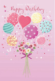 Dreamy birthday card illustration depicting a pastel balloon bouquet lifting a petite cluster of fresh flowers, styled with the gentle, uplifting spirit of celebrations around Tottenham Hale. The backdrop is a smooth, soft pink, reminiscent of the warm, rosy hue of the sky reflected on the nearby River Lea at dusk. Above, a gathering of balloons in pale pink, mint, teal, sunshine yellow, and lilac floats upward with light, unhurried grace. Each balloon is distinct: some carry sweeping candy-coloured stripes, others are peppered with tiny, dancing polka dots or delicate floral flourishes, while a central heart-shaped balloon softly anchors the design with affection. From their base, the strings seem to descend and merge into a compact, hand-tied bouquet of petite roses and anemone-like blooms. The flowers bloom in creamy ivory, blush pink, and muted mauve, petals overlapping in velvety layers that suggest freshly cut stems ready for local birthday delivery. A violet satin bow cinches the bouquet, its gentle sheen catching imagined light like a ribbon laid out on a florist's workbench near Tottenham Hale station. Scattered around are whimsical details-little butterflies, twinkling stars, and confetti-like dots that float as though caught in a soft breeze drifting from Tottenham Marshes. The overall feel is airy and sweet, a playful yet elegant celebration frozen in one tender moment. This design evokes the scent of fresh petals, the soft rustle of balloon ribbons, and the quiet excitement of sending or receiving a thoughtfully arranged birthday surprise that feels both personal and joyfully festive.